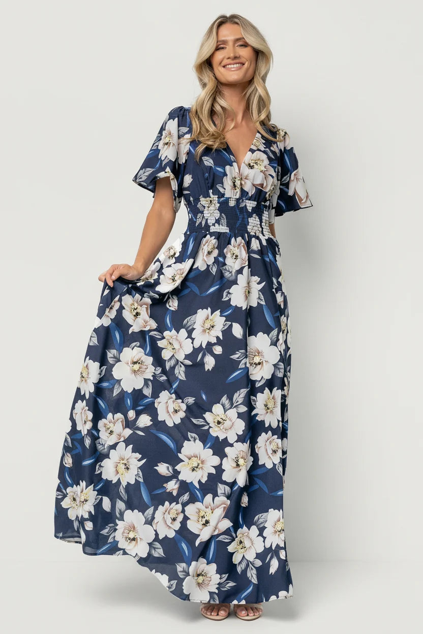 Verona Smocked Maxi Dress | Navy + White Floral Main image