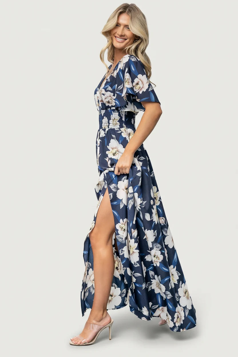 Verona Smocked Maxi Dress | Navy + White Floral Secondary image
