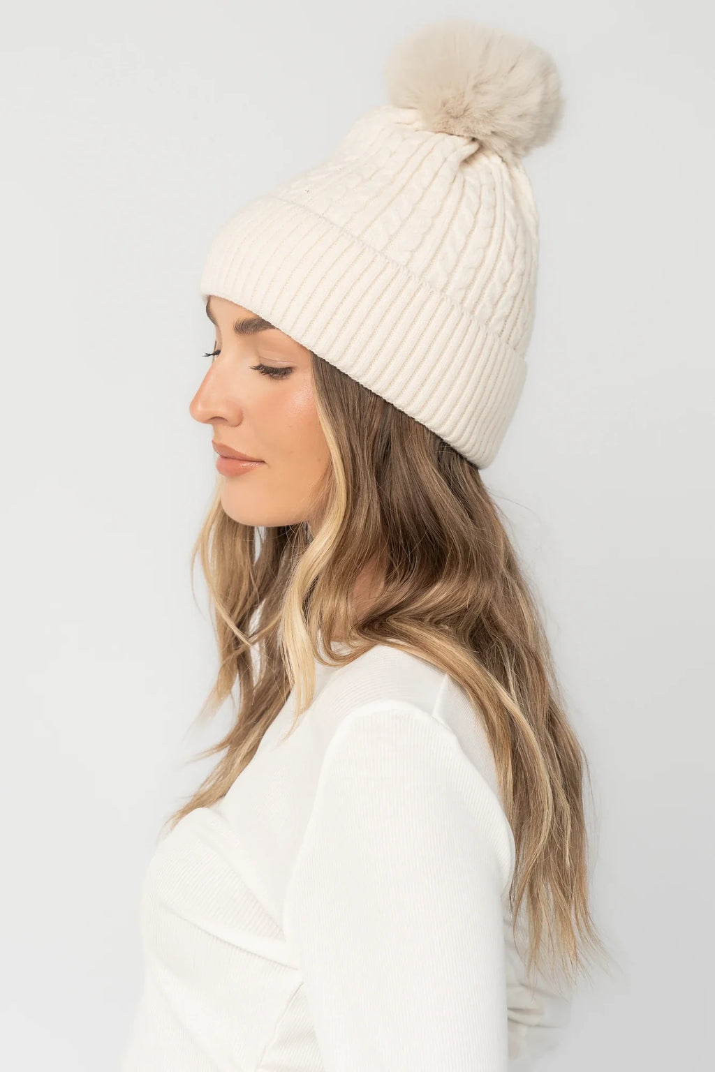 Lake Cable Knit Pom Beanie | Ivory