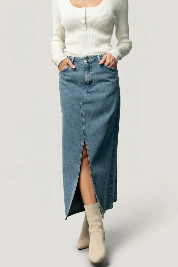 Aleksa Denim Midi Skirt | Medium Wash