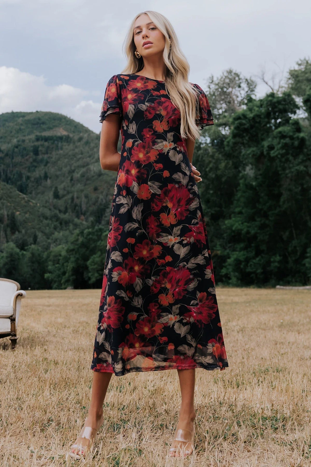 Briony Mesh Maxi Dress | Black + Red Floral Main image