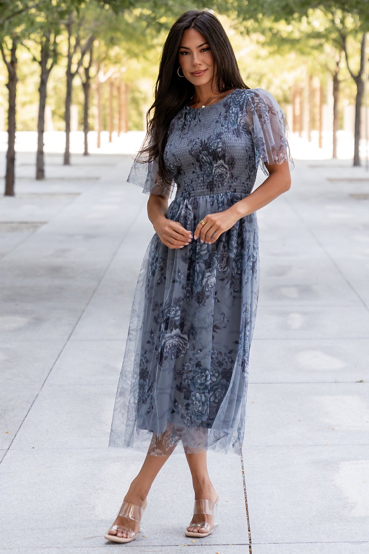 Josie Tulle Midi Dress | Dusty Blue Floral Main image