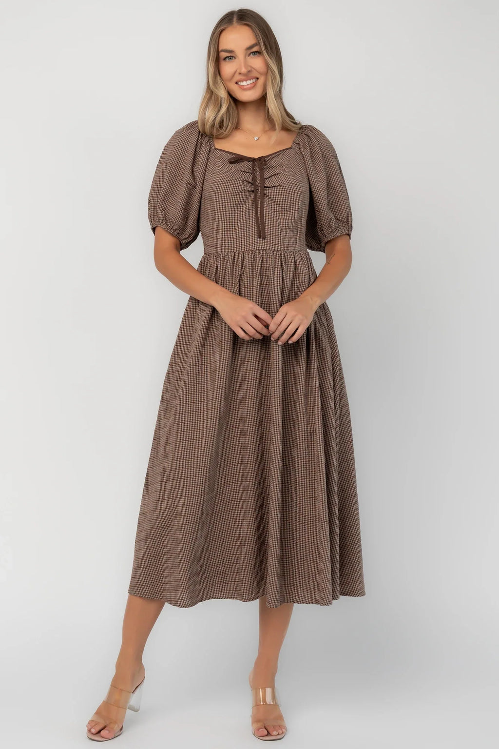 Teddy Gingham Midi Dress | Mocha