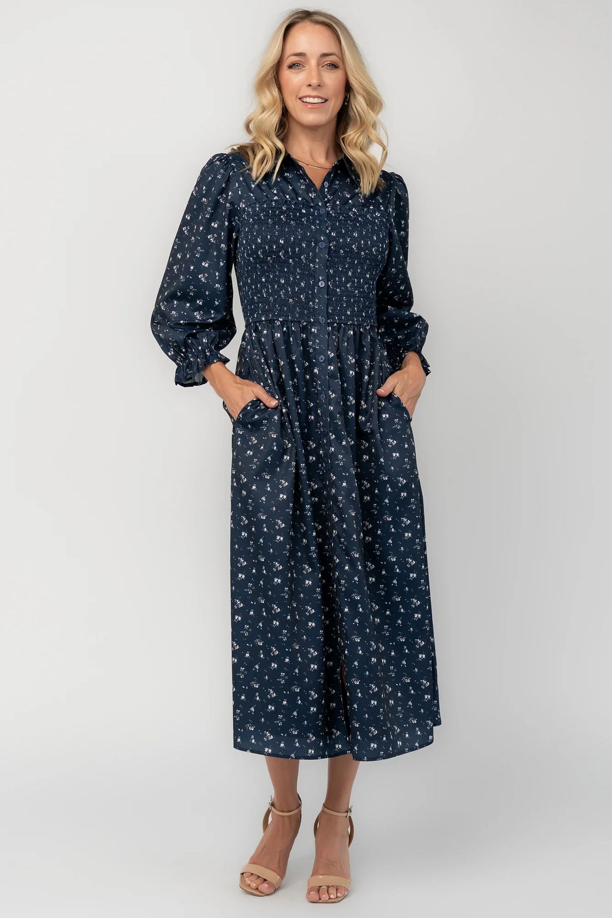 Janette Button Down Midi Dress | Navy Floral Main image