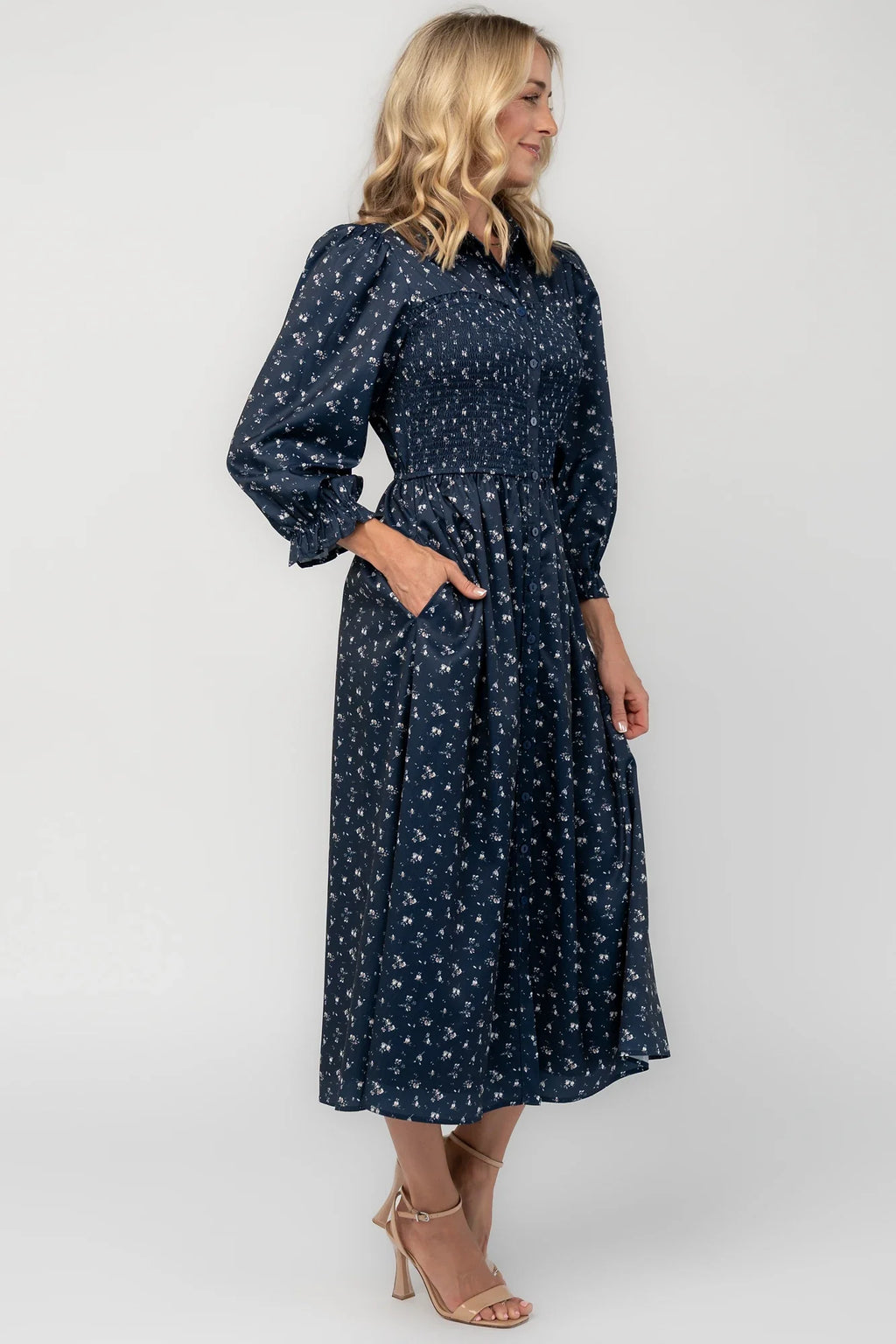 Janette Button Down Midi Dress | Navy Floral