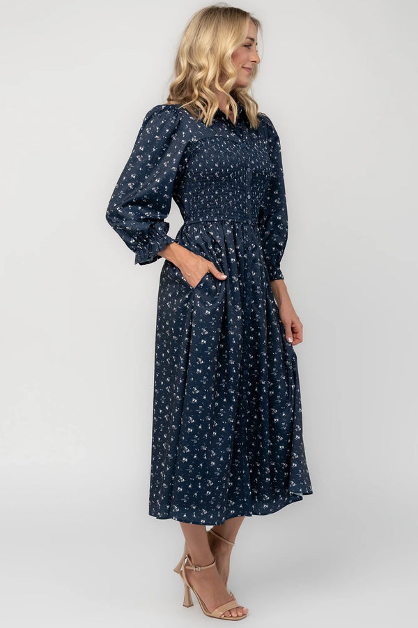 Janette Button Down Midi Dress | Navy Floral
