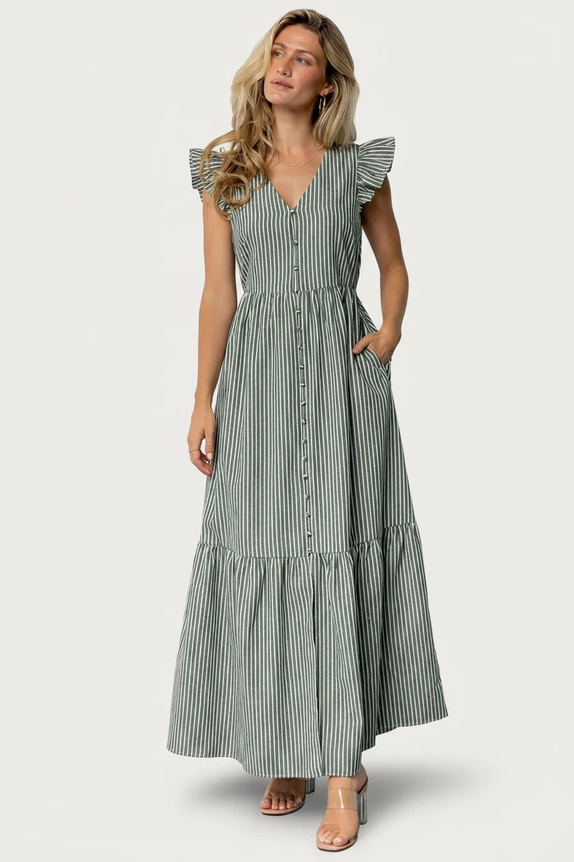 Hettie Button Maxi Dress | Green Stripe Main image