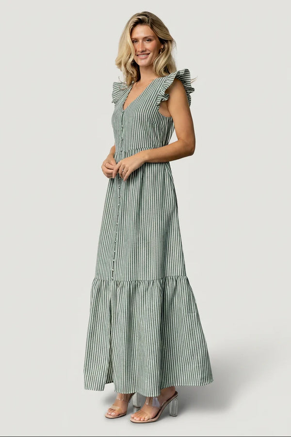 Hettie Button Maxi Dress | Green Stripe