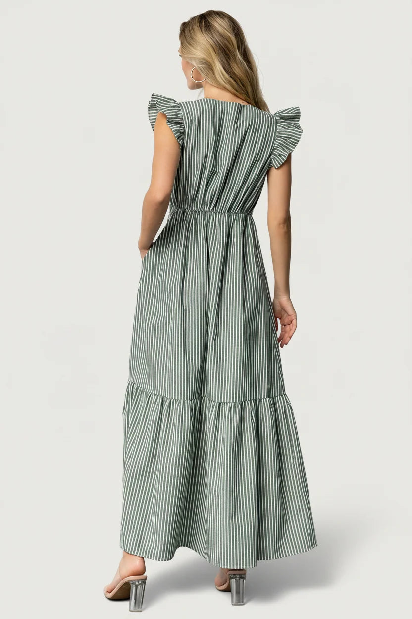 Hettie Button Maxi Dress | Green Stripe