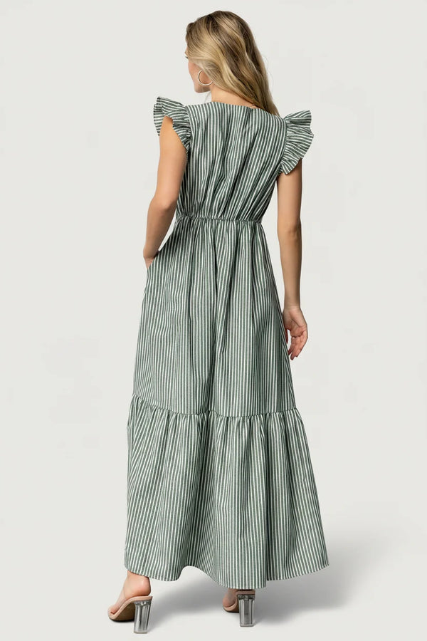 Hettie Button Maxi Dress | Green Stripe