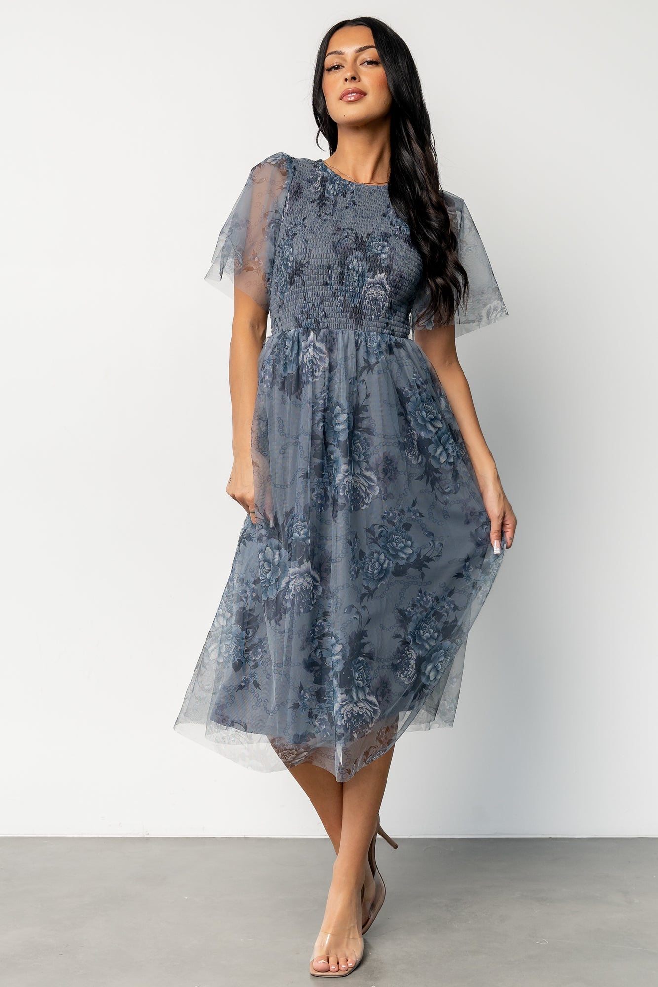 Josie Tulle Midi Dress | Dusty Blue Floral Secondary image