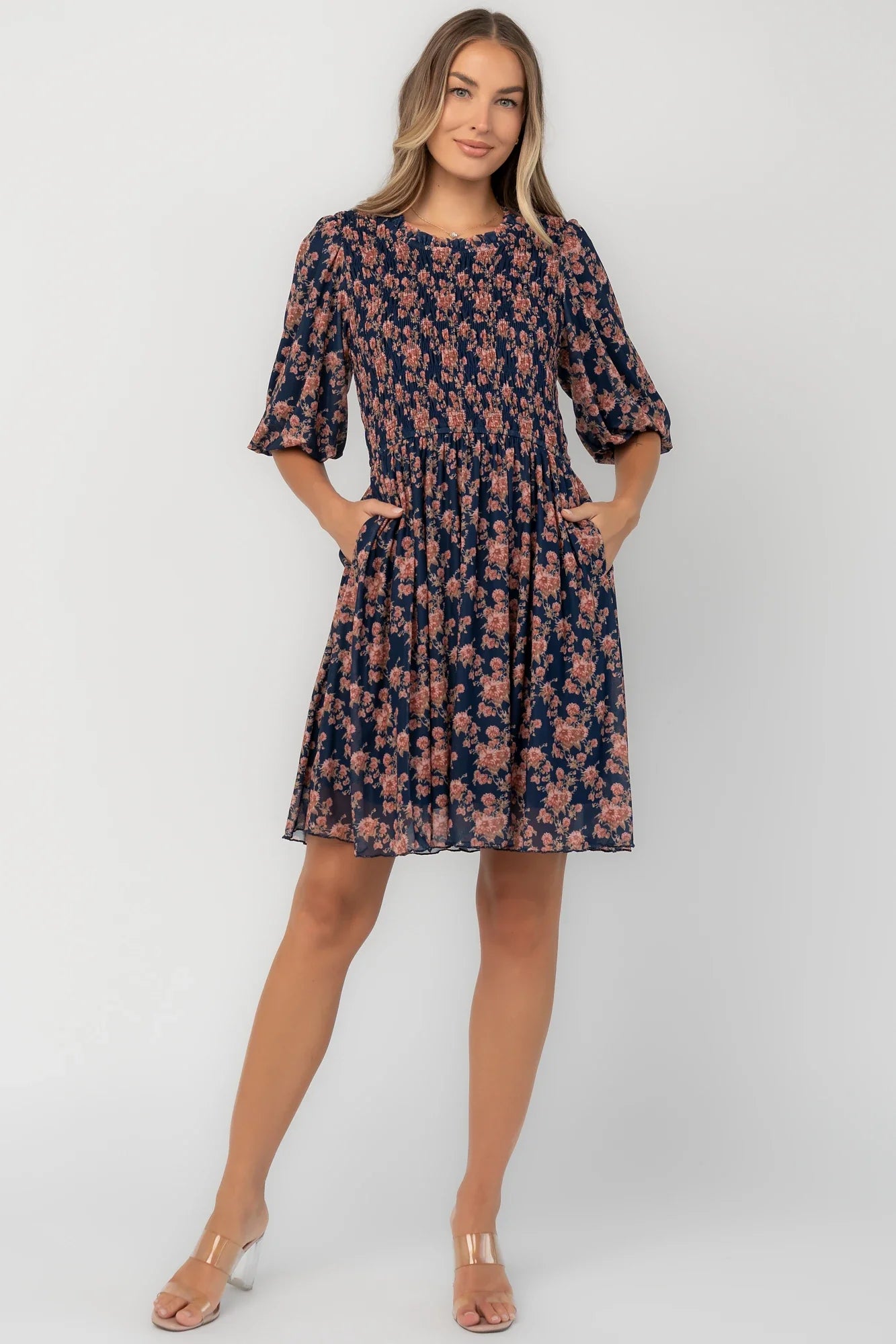 Lyric Smocked Short Dress | Navy Floral Secondary image