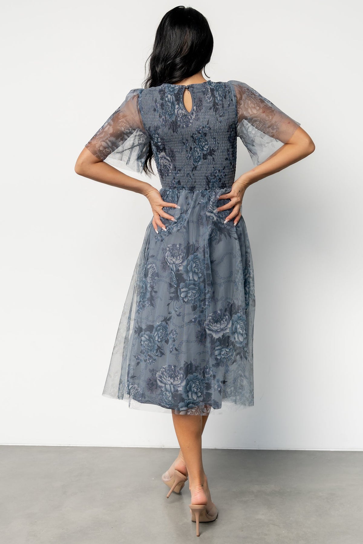 Josie Tulle Midi Dress | Dusty Blue Floral