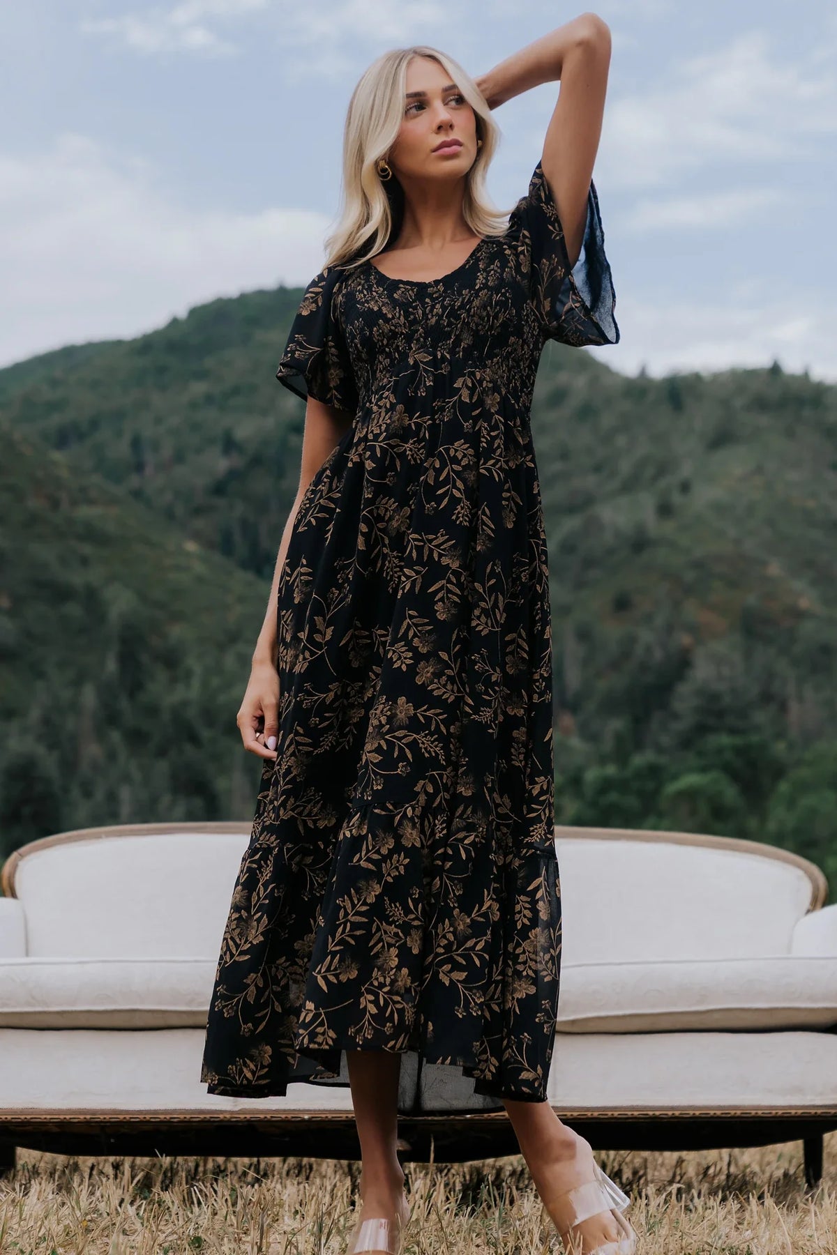 Monica Smocked Dress | Black + Gold Main image