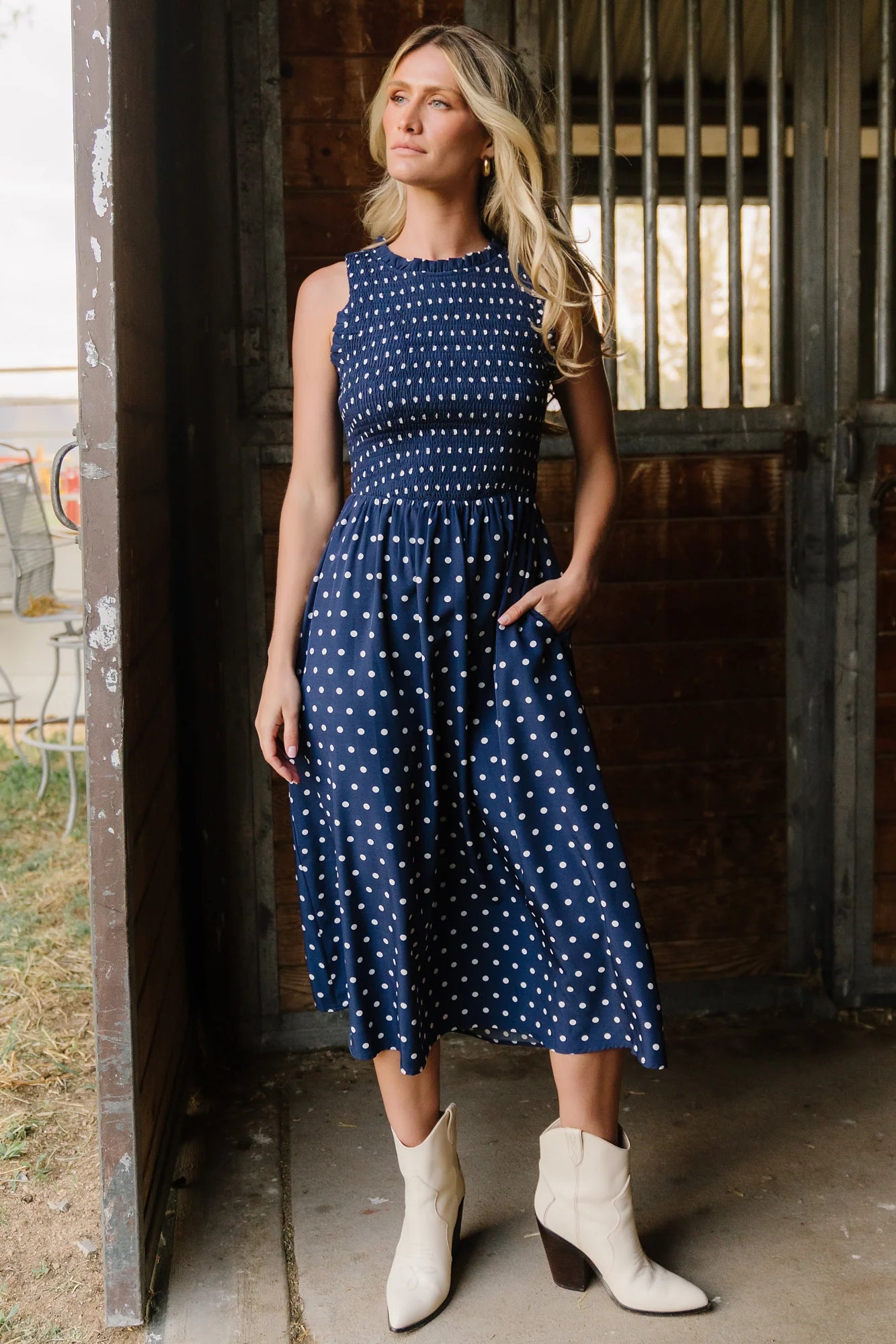 Alex Smocked Midi Dress | Navy Dot Secondary image