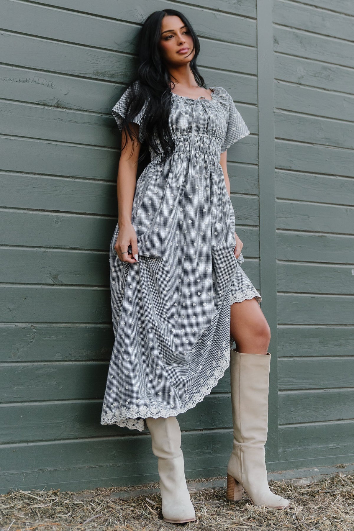 Reyna Midi Dress | Black + White Gingham Main image