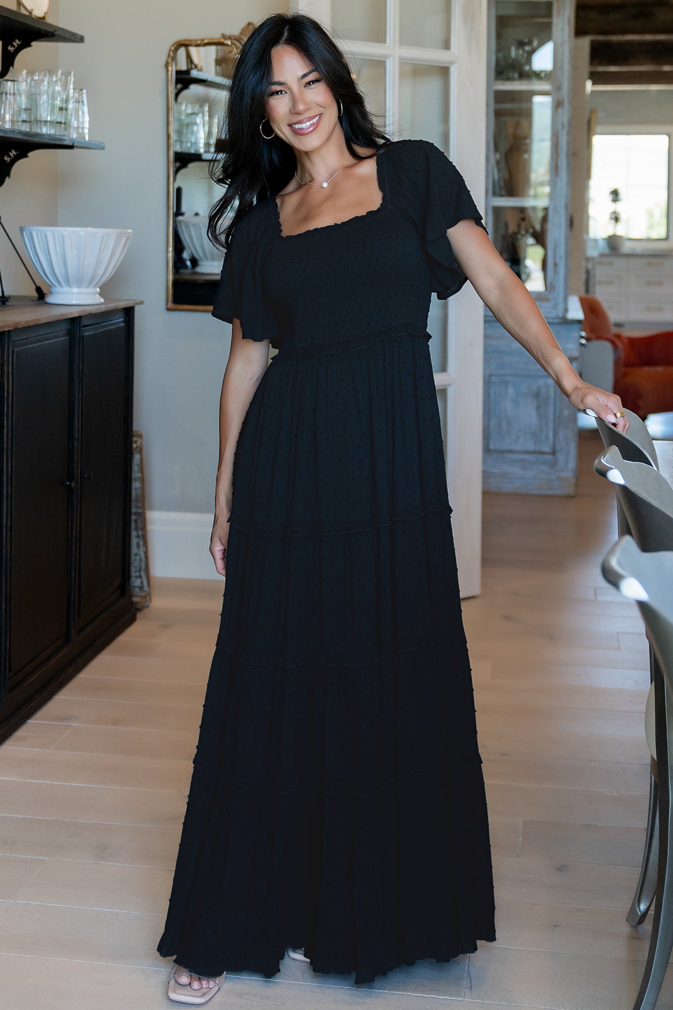 Lenora Smocked Dotted Maxi Dress | Black Secondary image