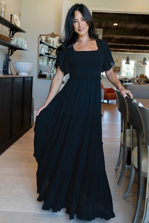 Lenora Smocked Dotted Maxi Dress | Black