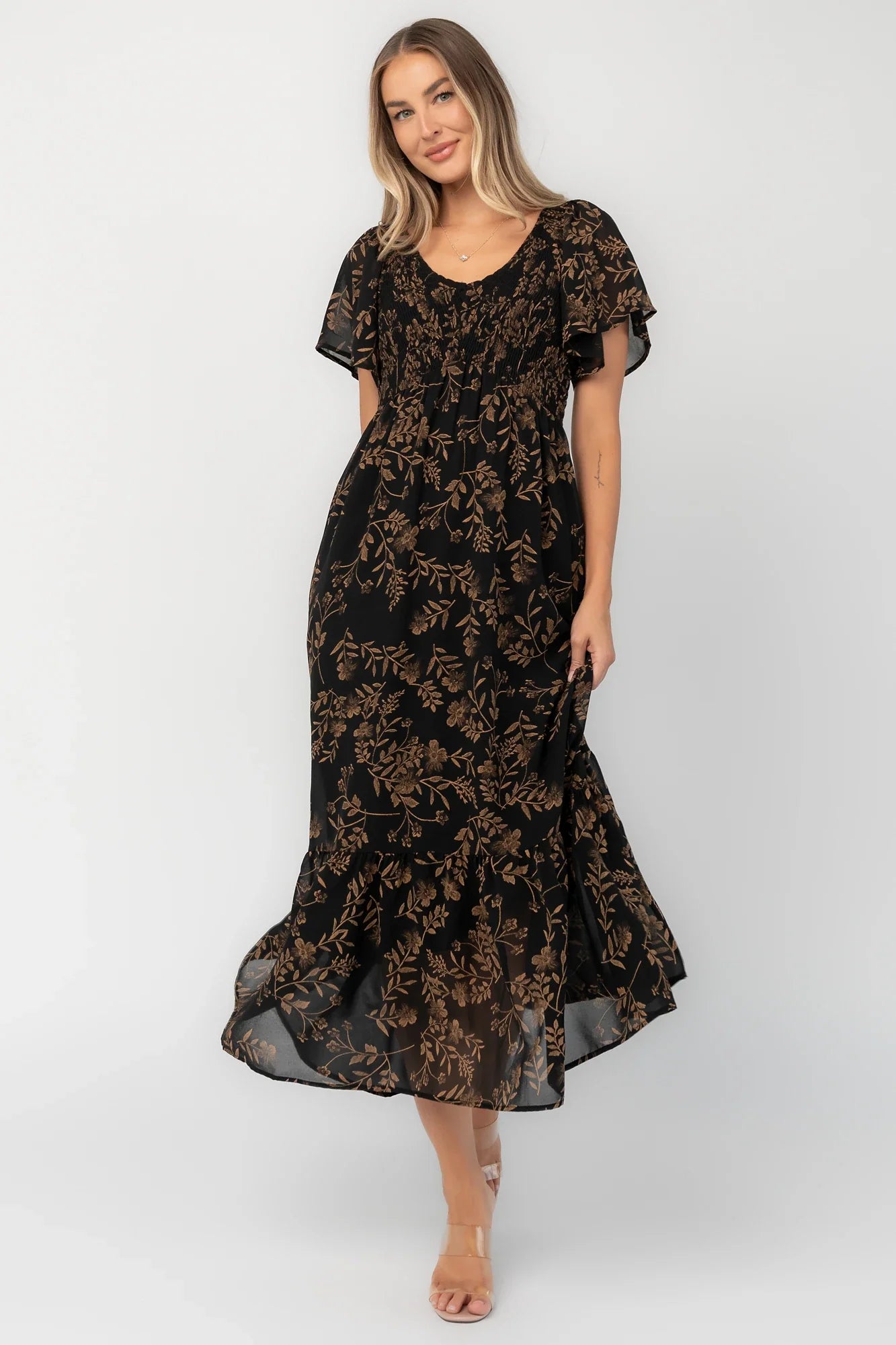 Monica Smocked Dress | Black + Gold Secondary image