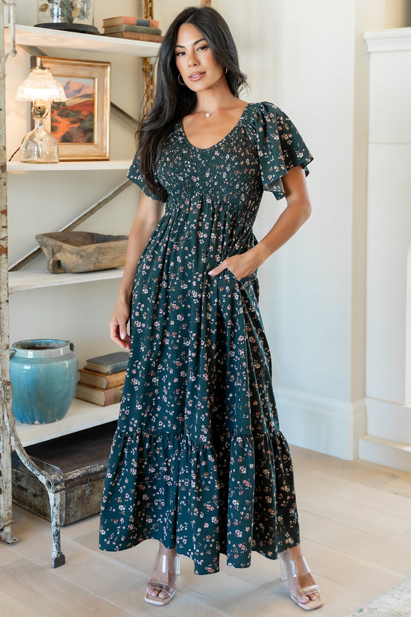 Jerah Smocked Dress | Deep Jade Floral