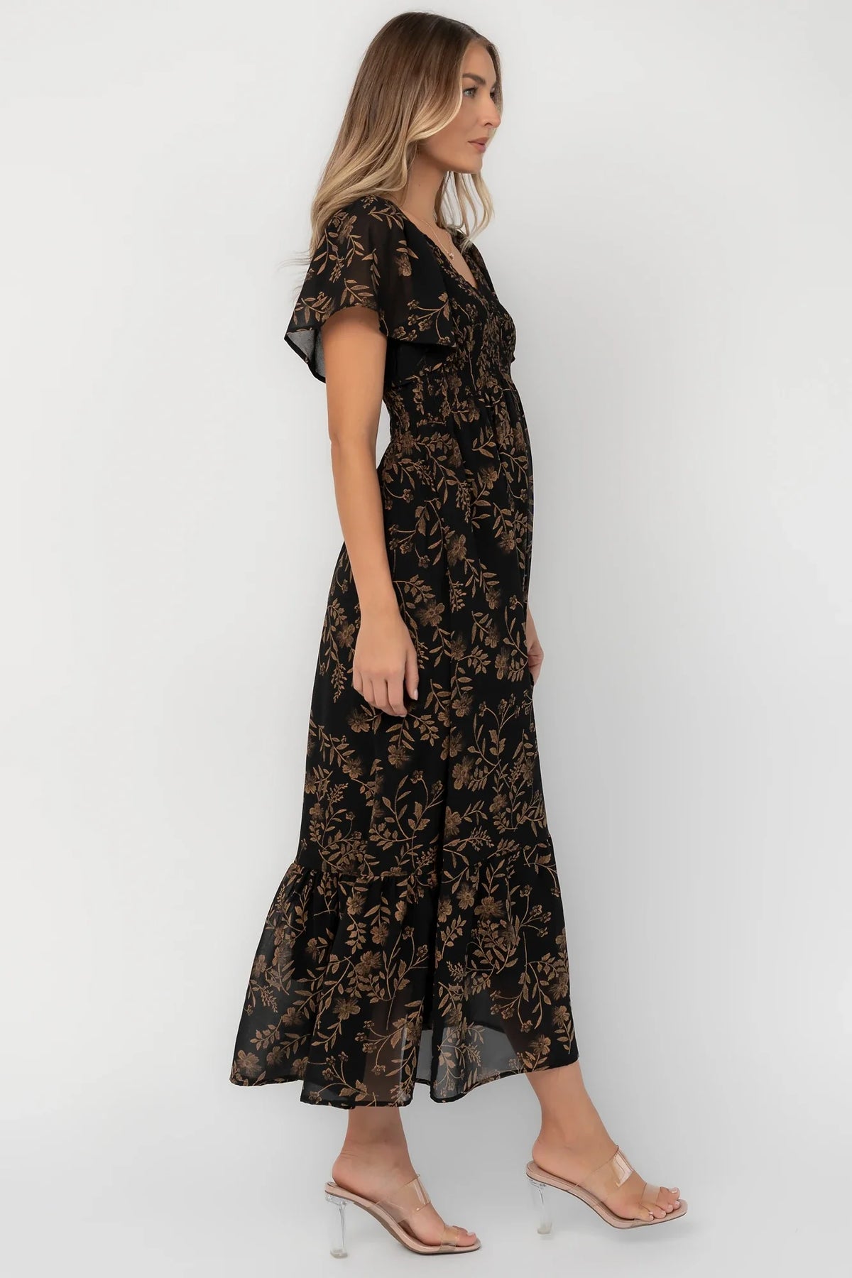 Monica Smocked Dress | Black + Gold