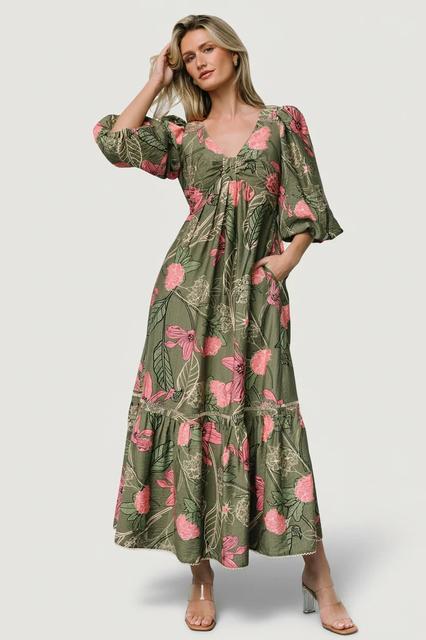 Lonna Dress | Olive + Fuschia Floral Main image