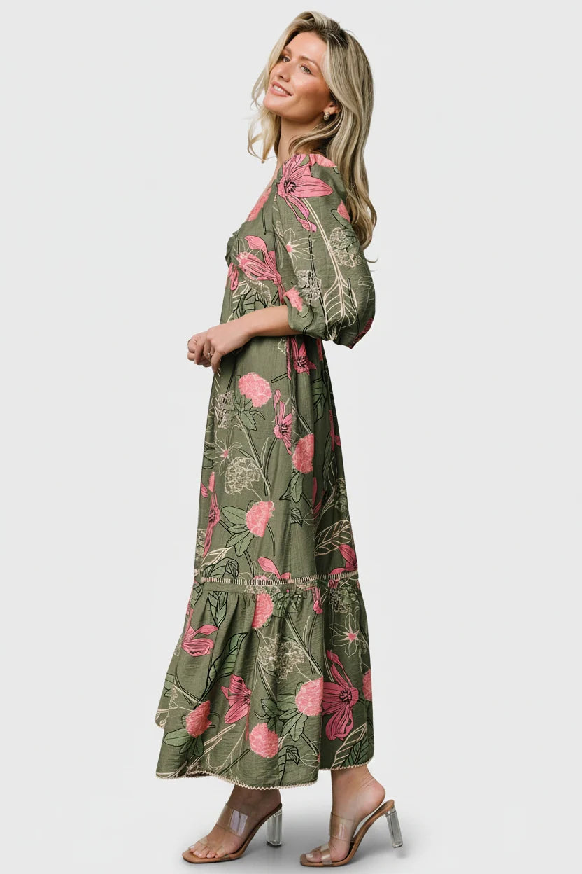 Lonna Dress | Olive + Fuschia Floral