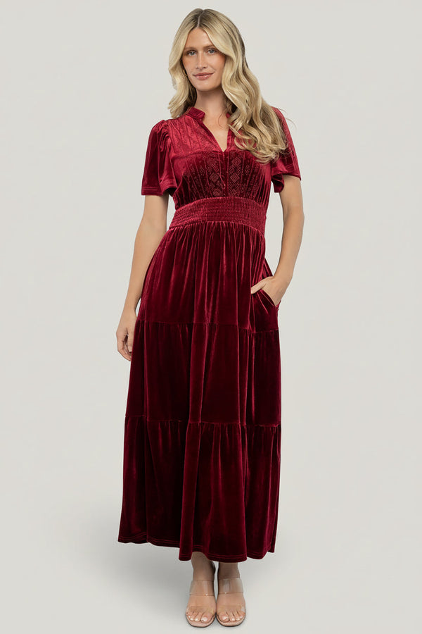 Maida Embroidered Velvet Dress | Cranberry