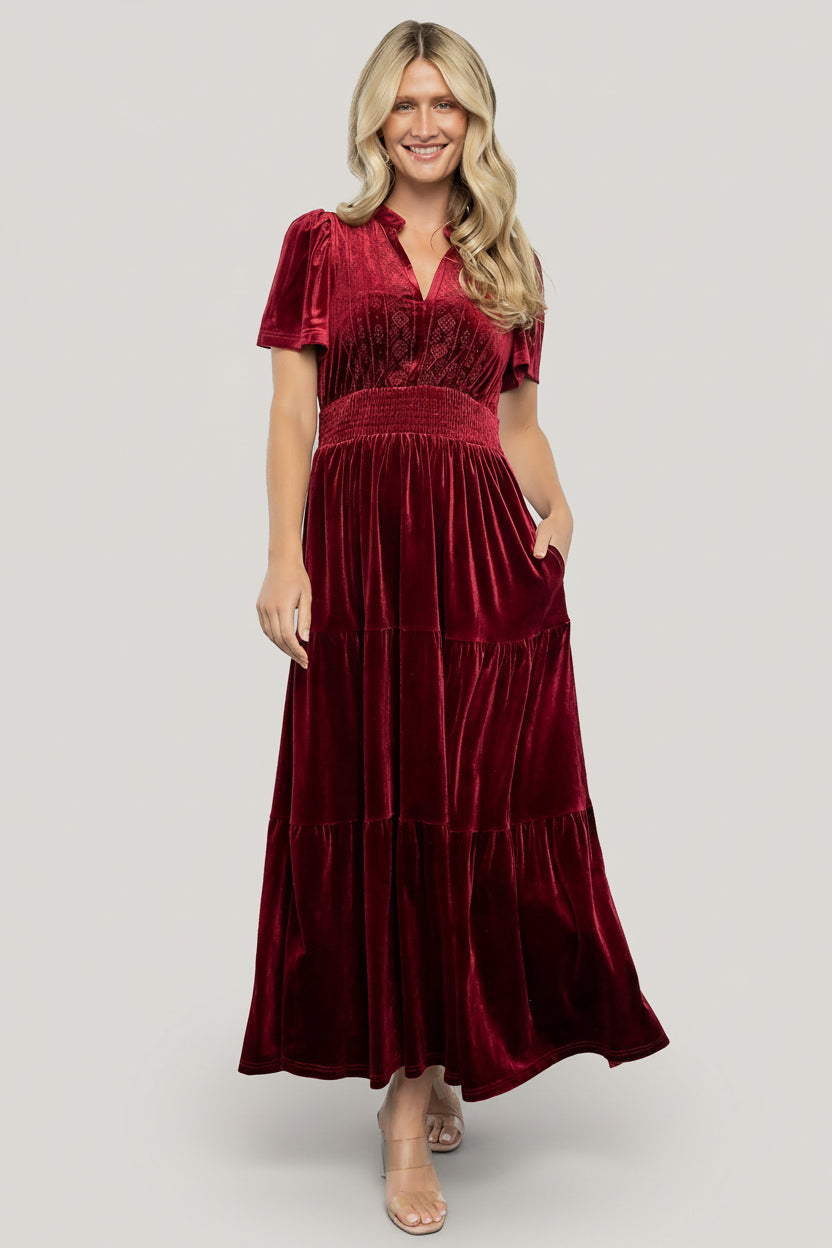 Maida Embroidered Velvet Dress | Cranberry Main image