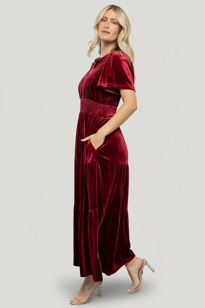 Maida Embroidered Velvet Dress | Cranberry