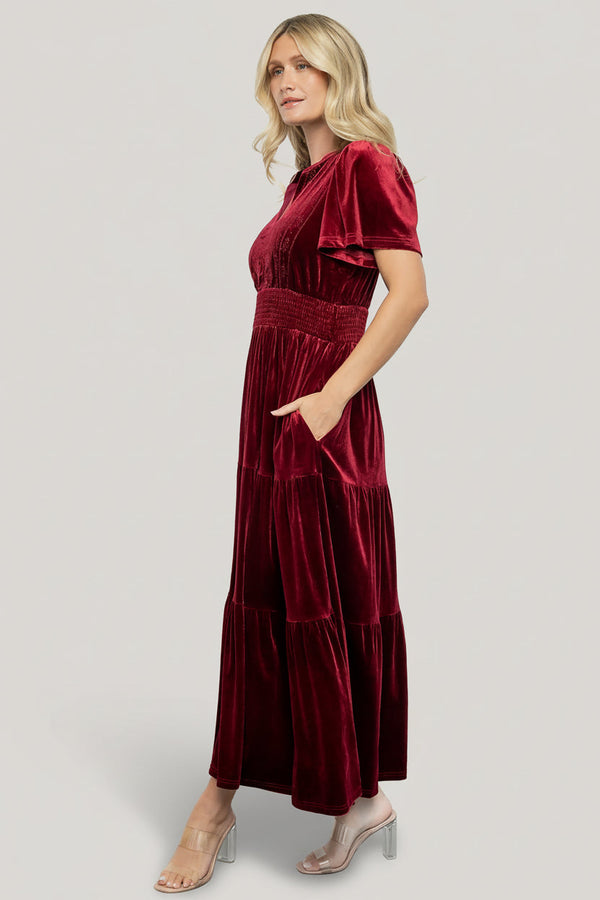 Maida Embroidered Velvet Dress | Cranberry