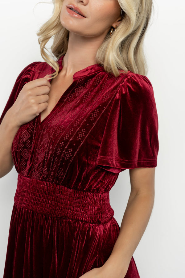 Maida Embroidered Velvet Dress | Cranberry