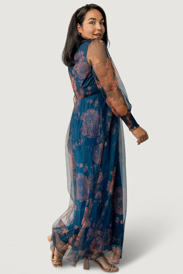 Layla Tulle Maxi Dress | Copper + Blue Metallic