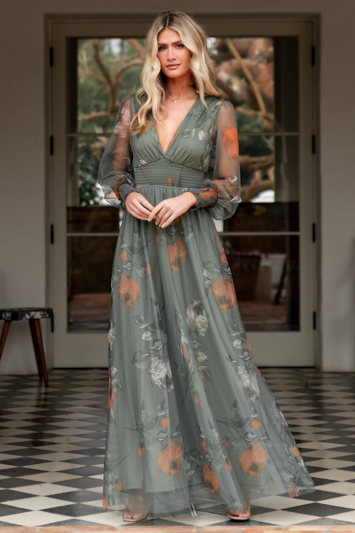 Layla Tulle Maxi Dress | Dusty Olive Floral Main image