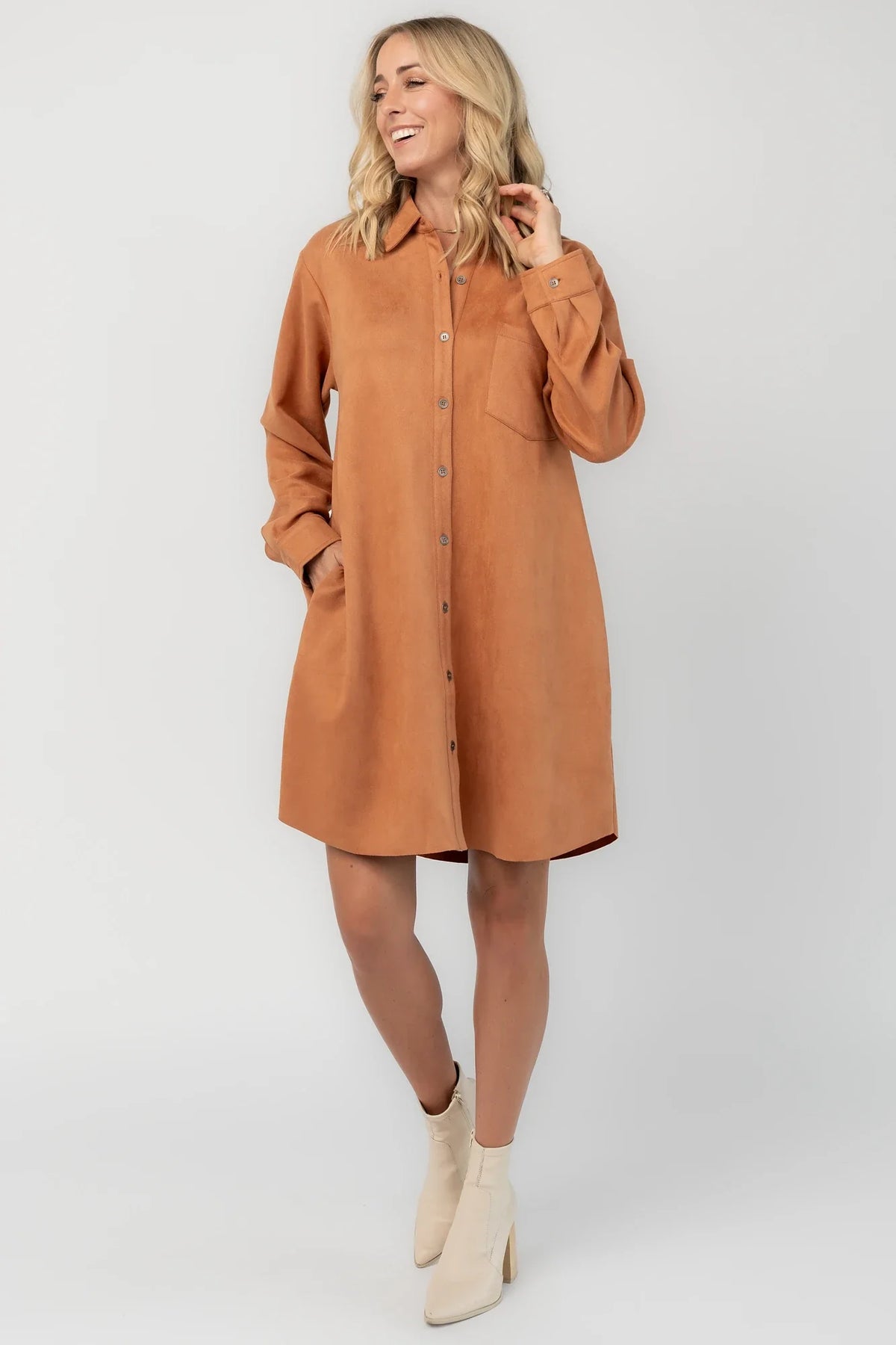 Owen Faux Suede Shirt Dress | Camel Main image