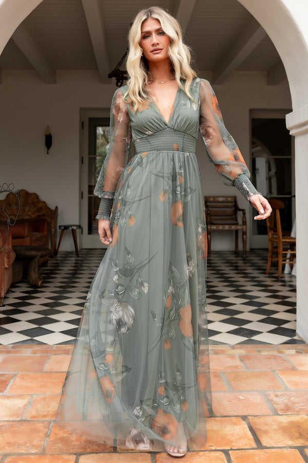 Layla Tulle Maxi Dress | Dusty Olive Floral