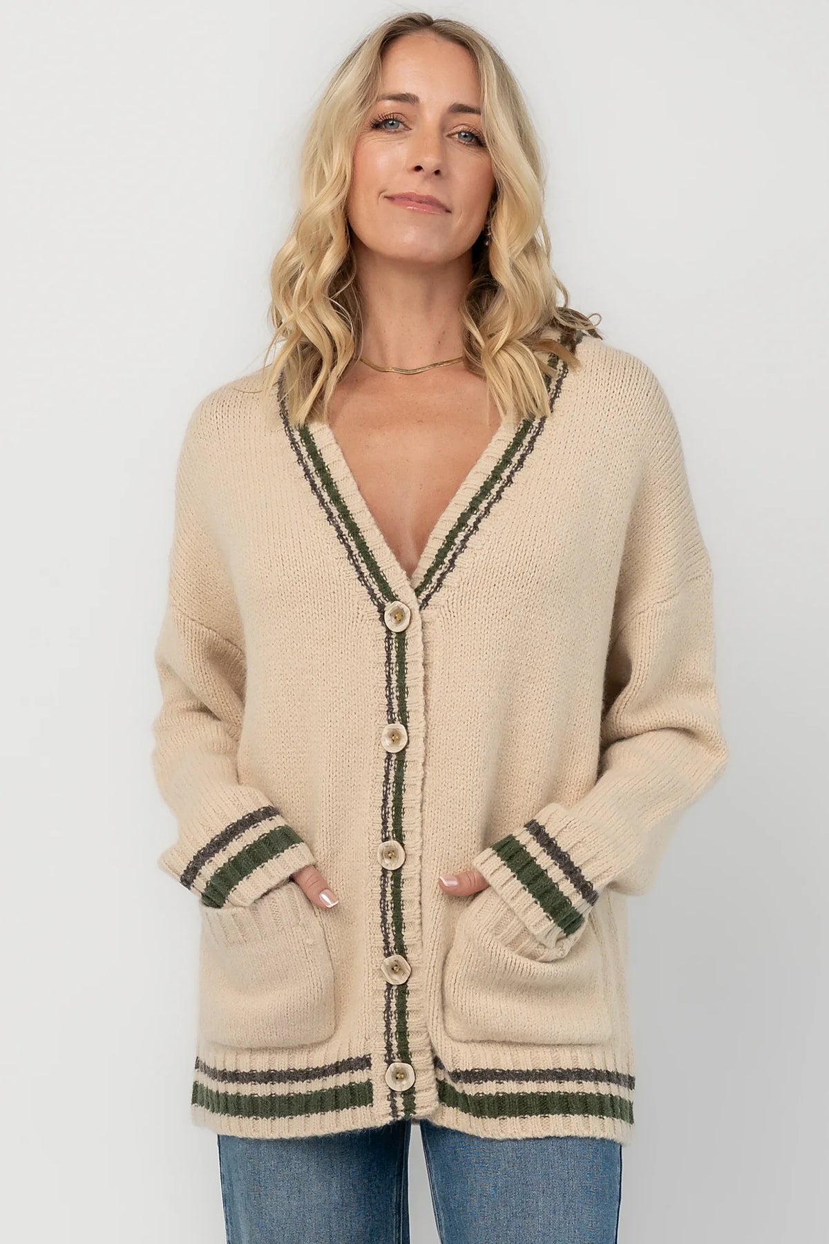 Roosevelt Button Up Cardigan | Oatmeal + Olive Stripe Main image