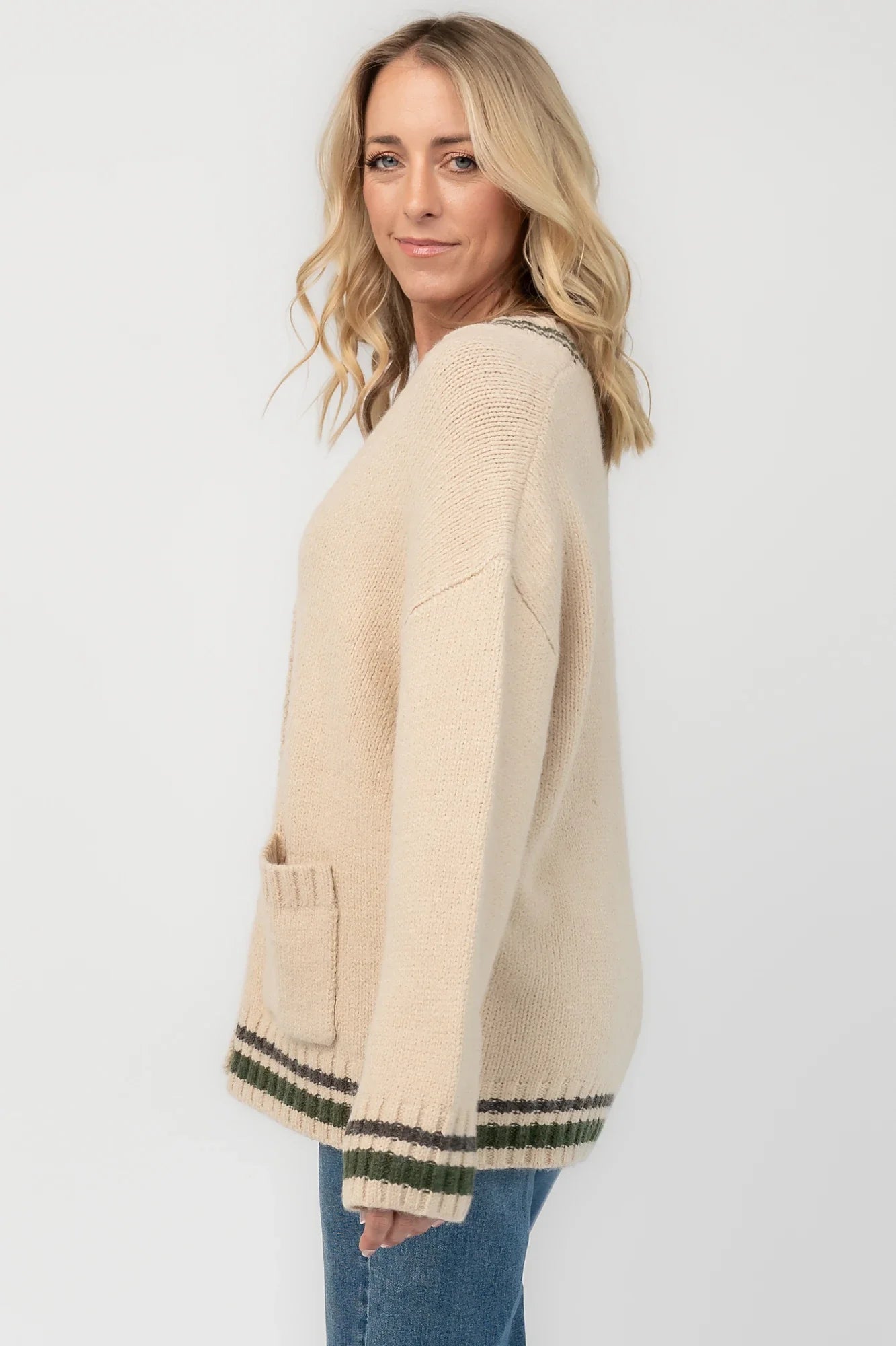 Roosevelt Button Up Cardigan | Oatmeal + Olive Stripe Secondary image