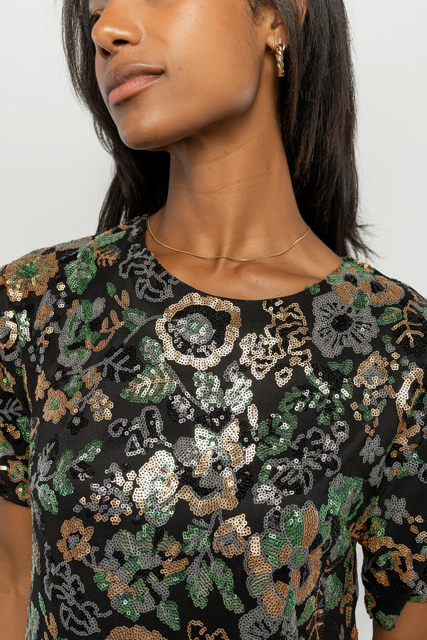 Squires Sequin Short Dress | Black + Green Multi
