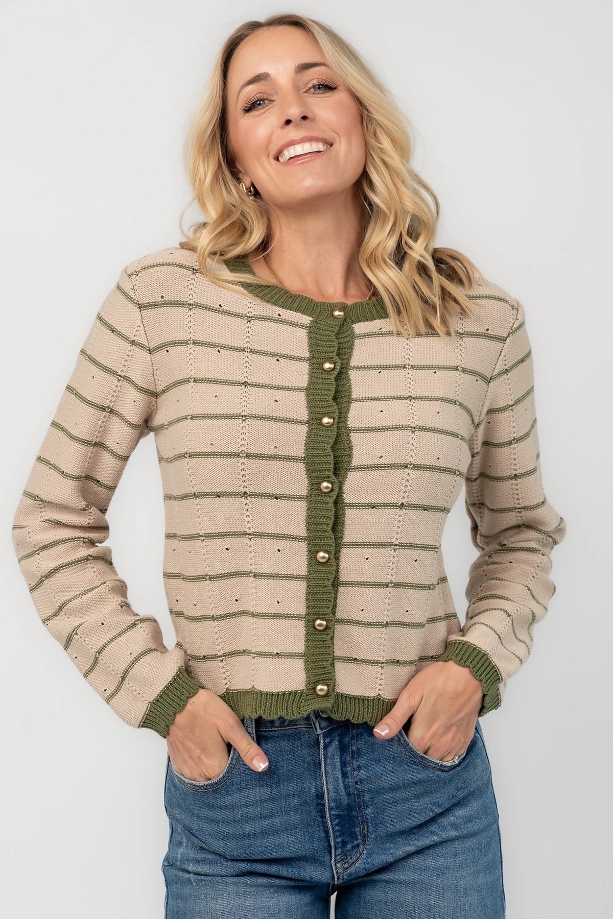 Quincie Striped Cardigan | Beige + Olive Main image