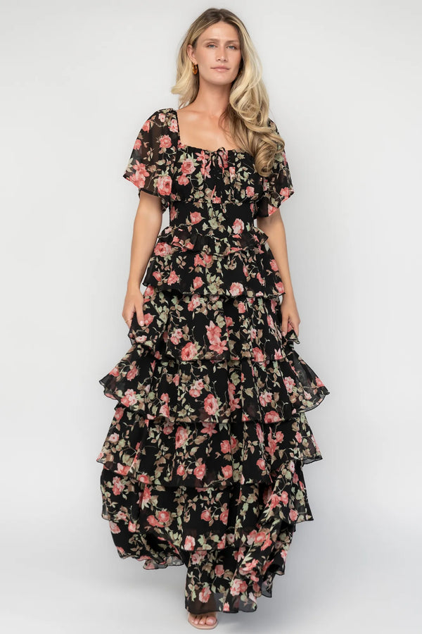 Bliss Tiered Maxi Dress | Black Multi Floral