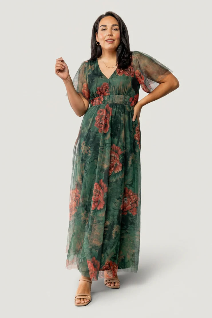 Cressida Tulle Maxi Dress | Dark Green + Red Floral Secondary image
