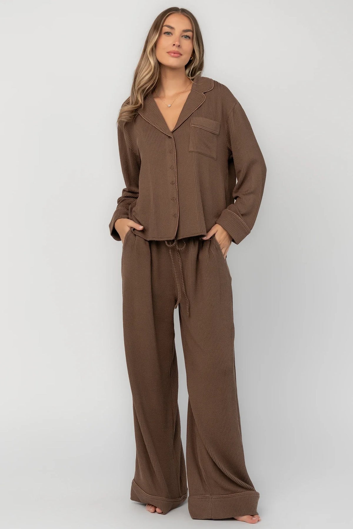 Eloise Ribbed Pajama Set | Brown Main image