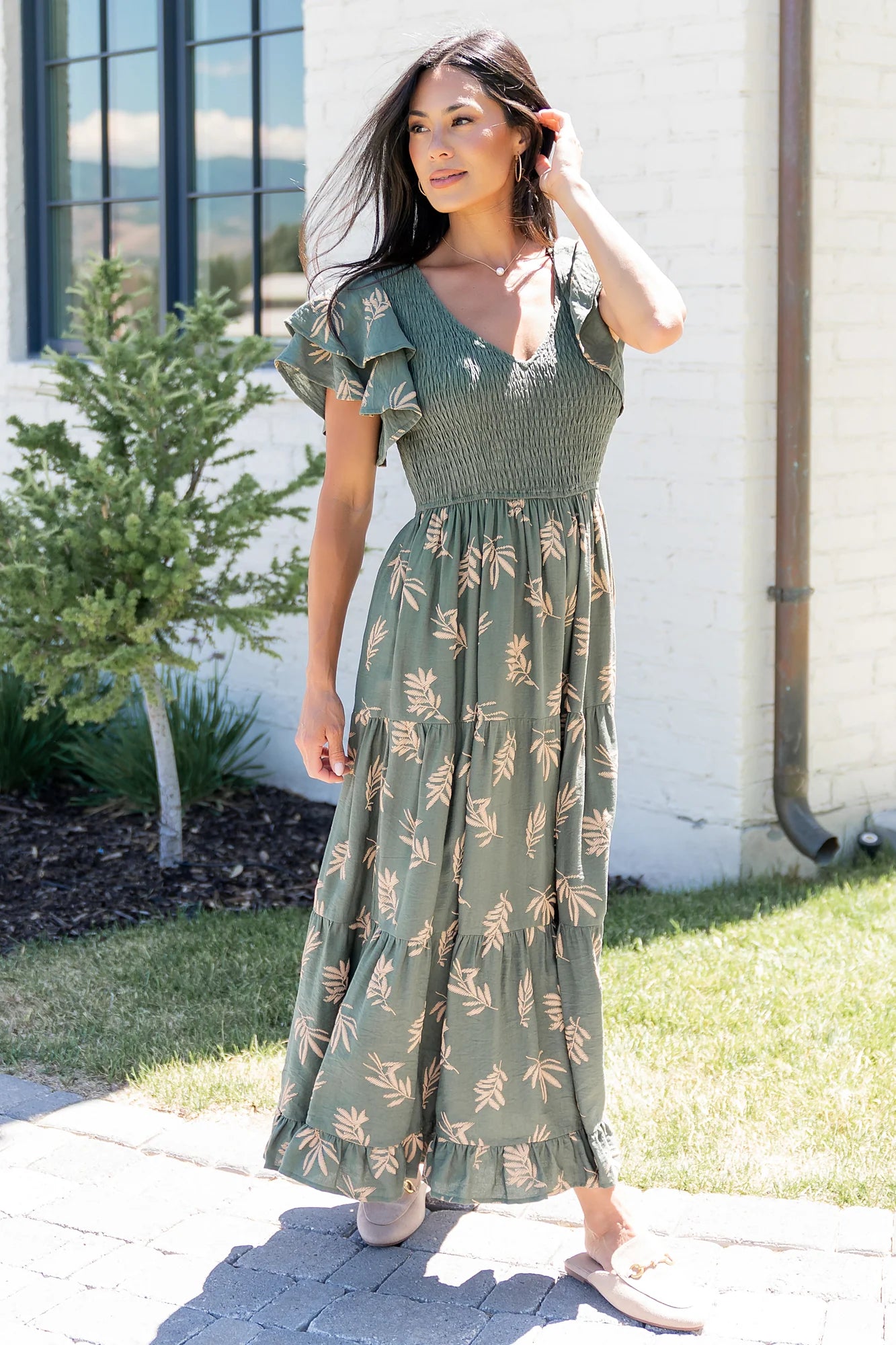 Estelle Smocked Midi Dress | Green + Tan Print Secondary image