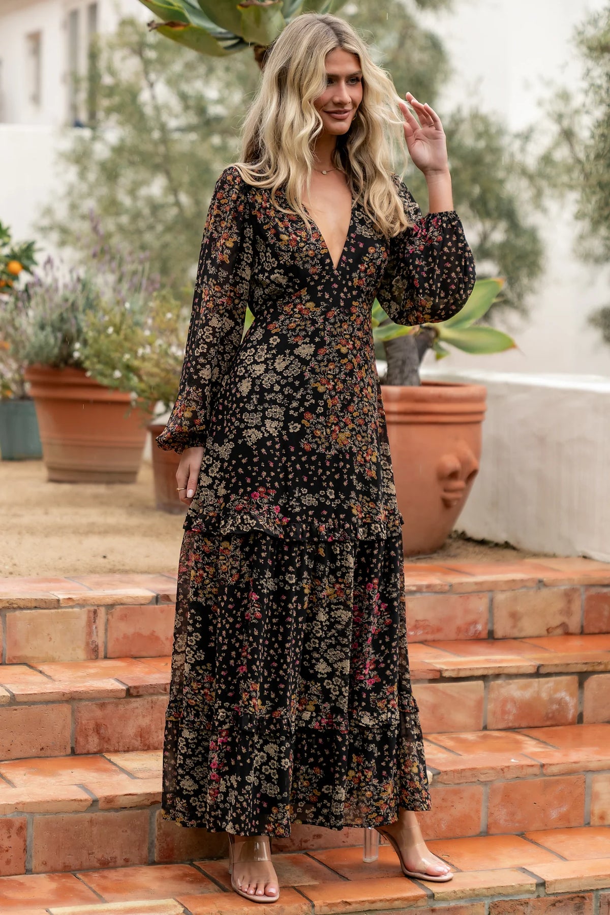 Bowman Deep V Maxi Dress | Black Multi