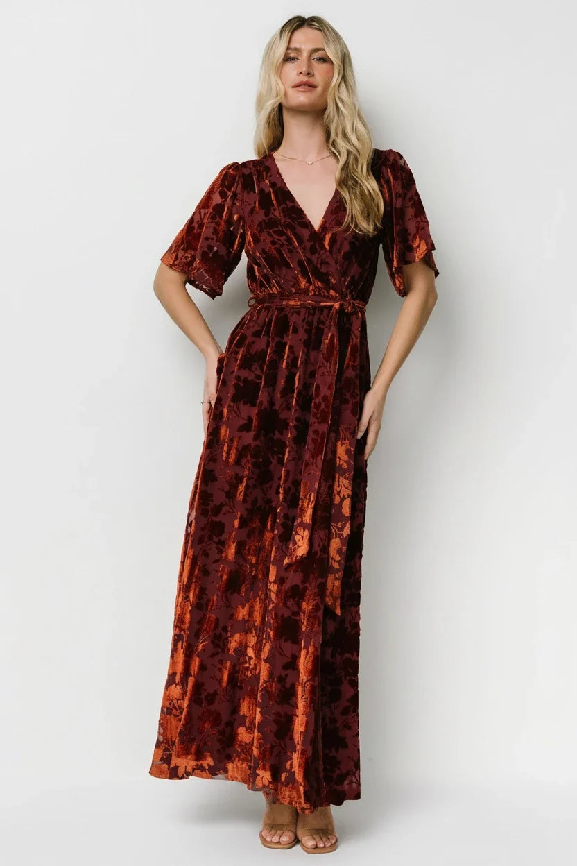 Uma Velvet Maxi Dress | Copper Floral