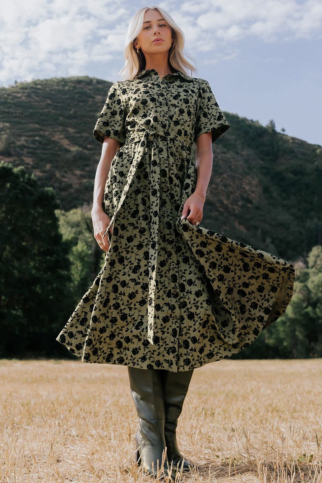 Kristen Button Up Dress | Deep Olive Floral