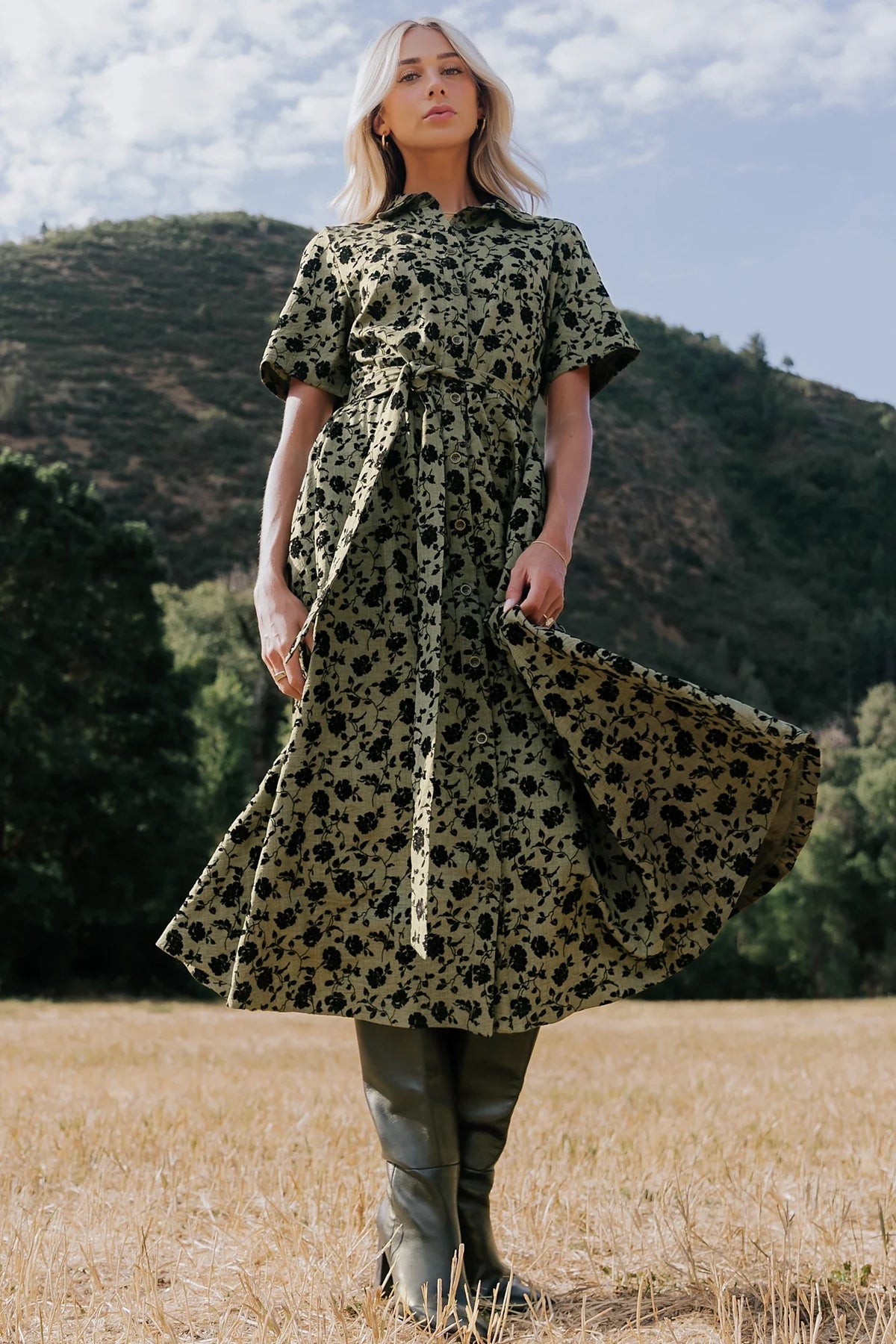 Kristen Button Up Dress | Deep Olive Floral Main image