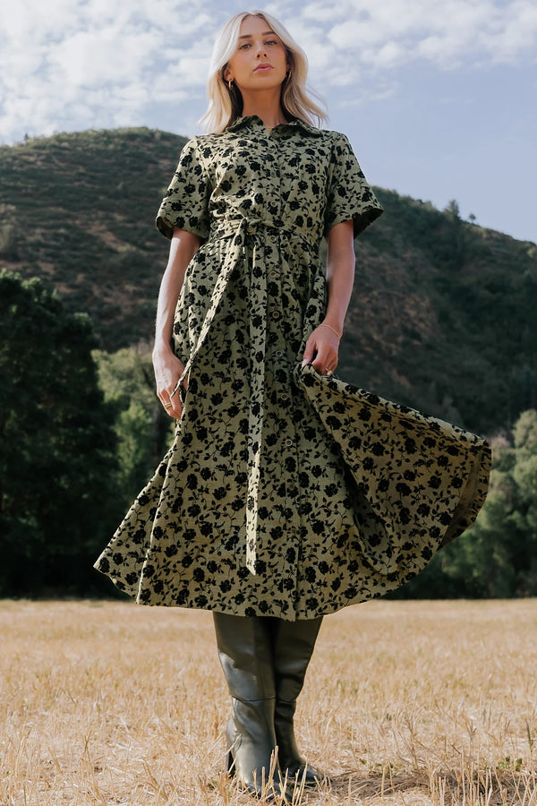 Kristen Button Up Dress | Deep Olive Floral