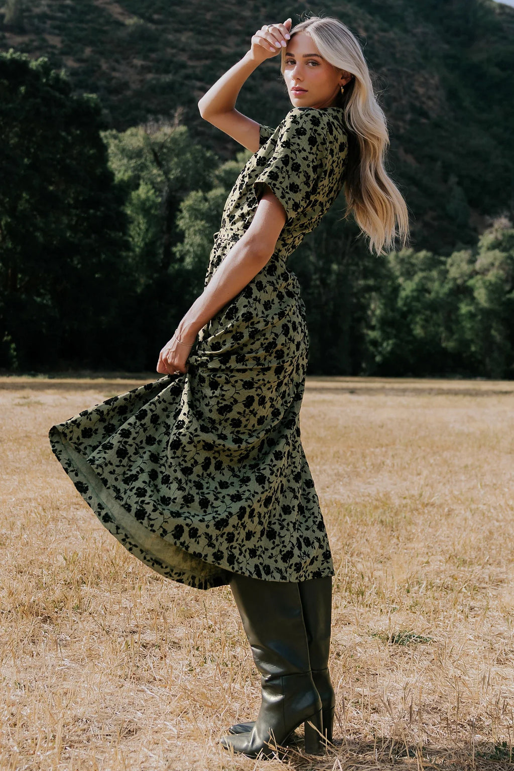 Kristen Button Up Dress | Deep Olive Floral